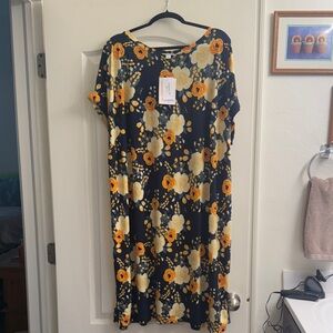 LuLaRoe Floral Midi Dress in Navy, Orange, and Cream